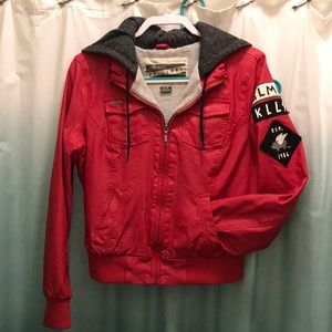 Red Leather Hooded Jacket.